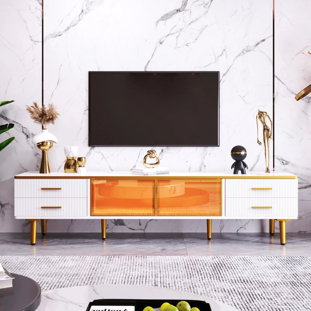 Mobile TV con 4 Cassetti; 2 Ante in Vetro Temperato e LED; per Soggiorno; in Truciolare; 170 × 37 × 47.5 cm; Bianco
