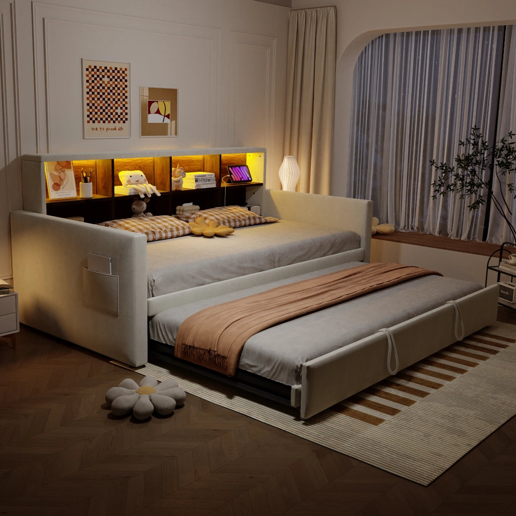 Letto pieghevole imbottito con LED e USB 90x190 cm velluto beige