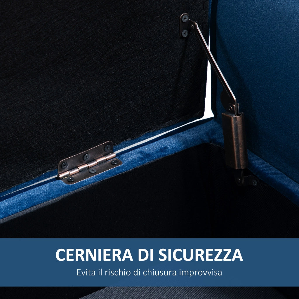 Panca Contenitore Imbottita in Tessuto Vellutato Blu con Braccioli e Gambe in Legno, 118x42x66cm, per Fondo Letto Casa