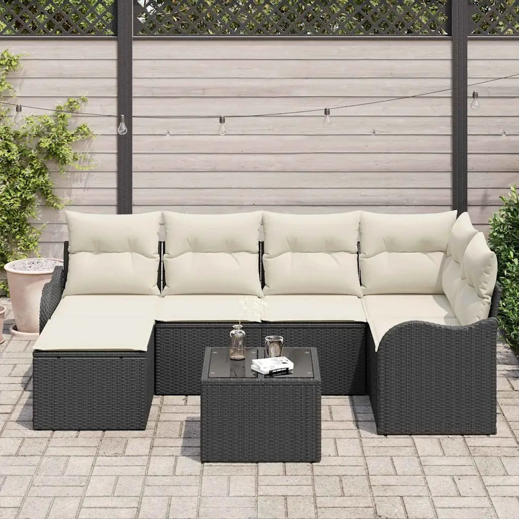 Set Divano da Giardino 7 pcs Nero e bianco Poly Rattan