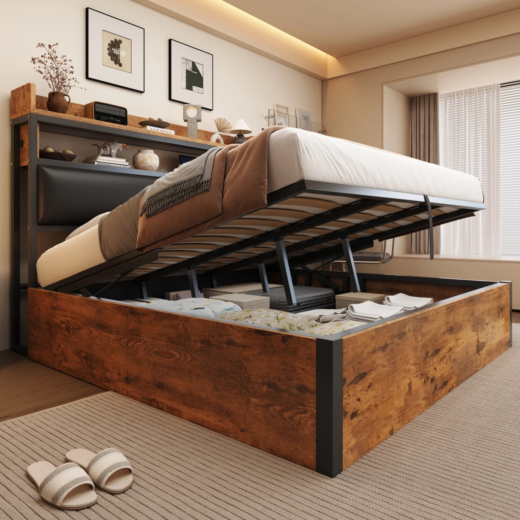 Letto matrimoniale contenitore 180 × 200 cm con sollevamento idraulico testiera USB in metallo nero