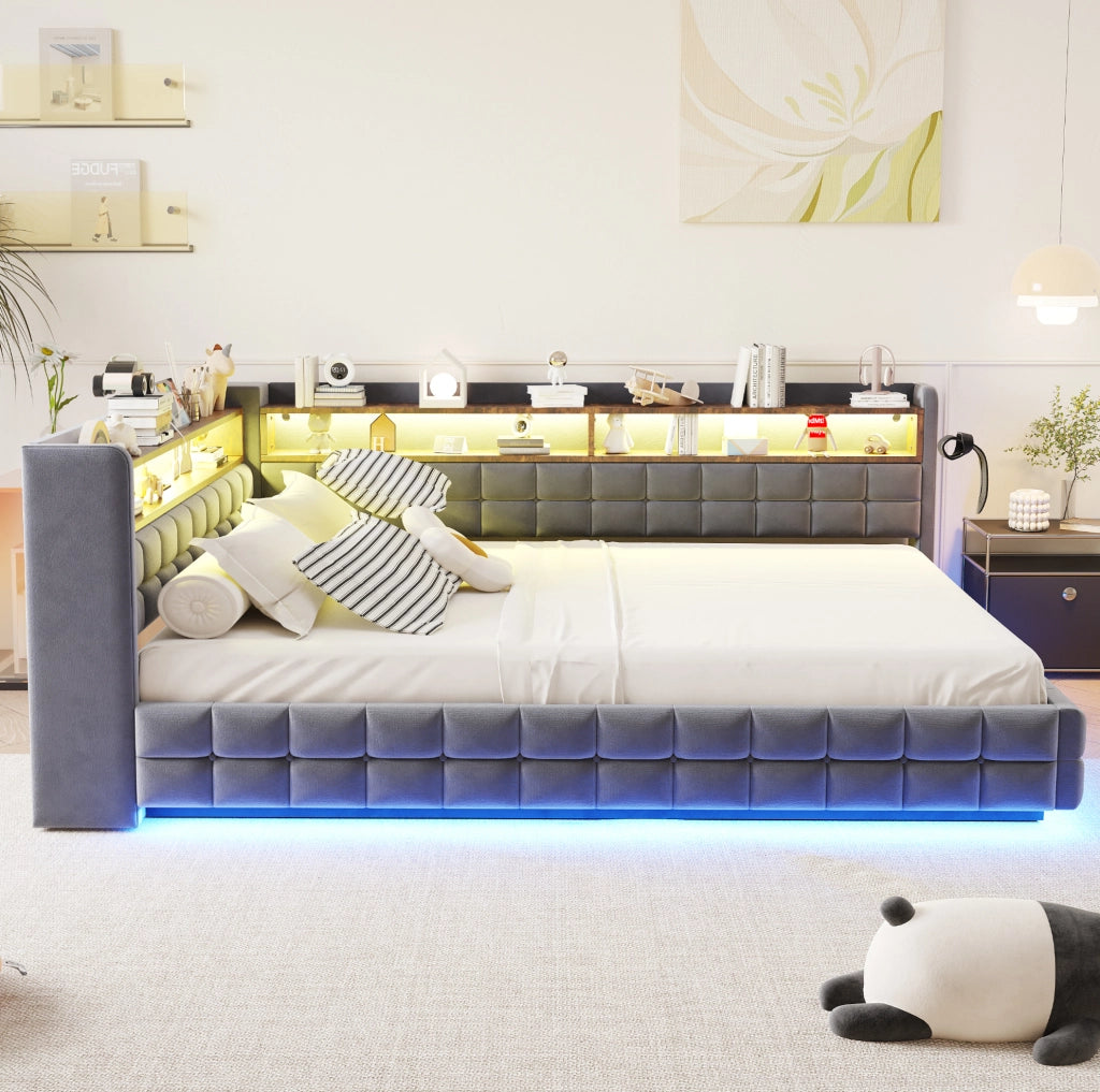 Letto imbottito multifunzionale 140 x 200 cm grigio con vano idraulico e LED