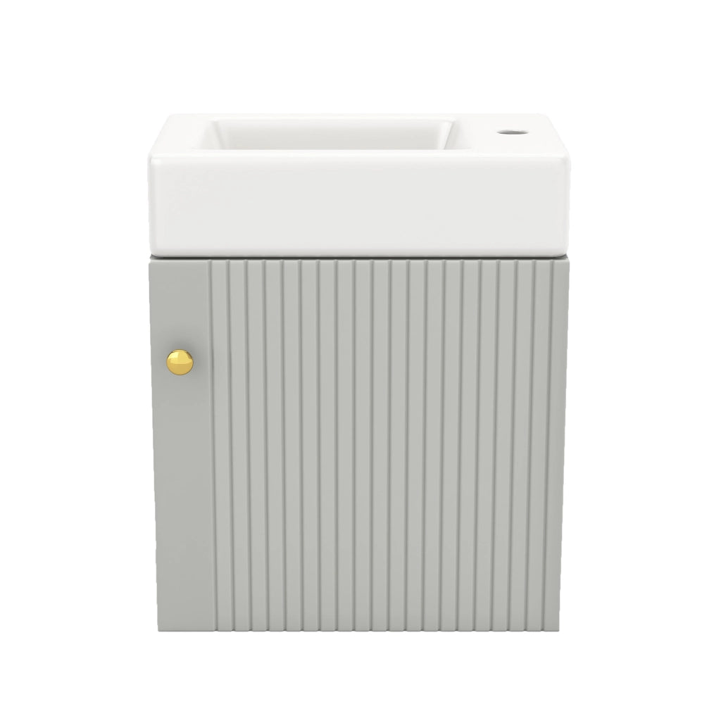 Mobile bagno con lavabo in ceramica e anta soft-close; MDF grigio e bianco