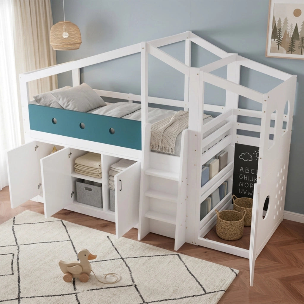 Letto a soppalco 90 × 200 cm con area gioco e armadio integrato in legno e MDF bianco