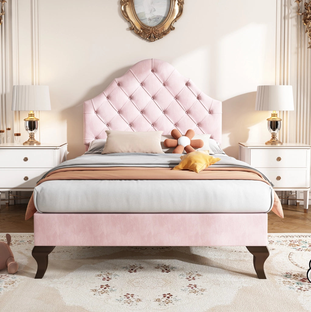 Letto singolo imbottito 90x200 cm con testata regolabile in altezza, rete a doghe in legno, rivestimento in velluto rosa