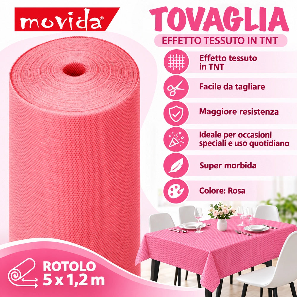 Movida Tovaglia TNT Effetto Tessuto Rosa, Rotolo 5 x 1,2 m, Morbida e Resistente