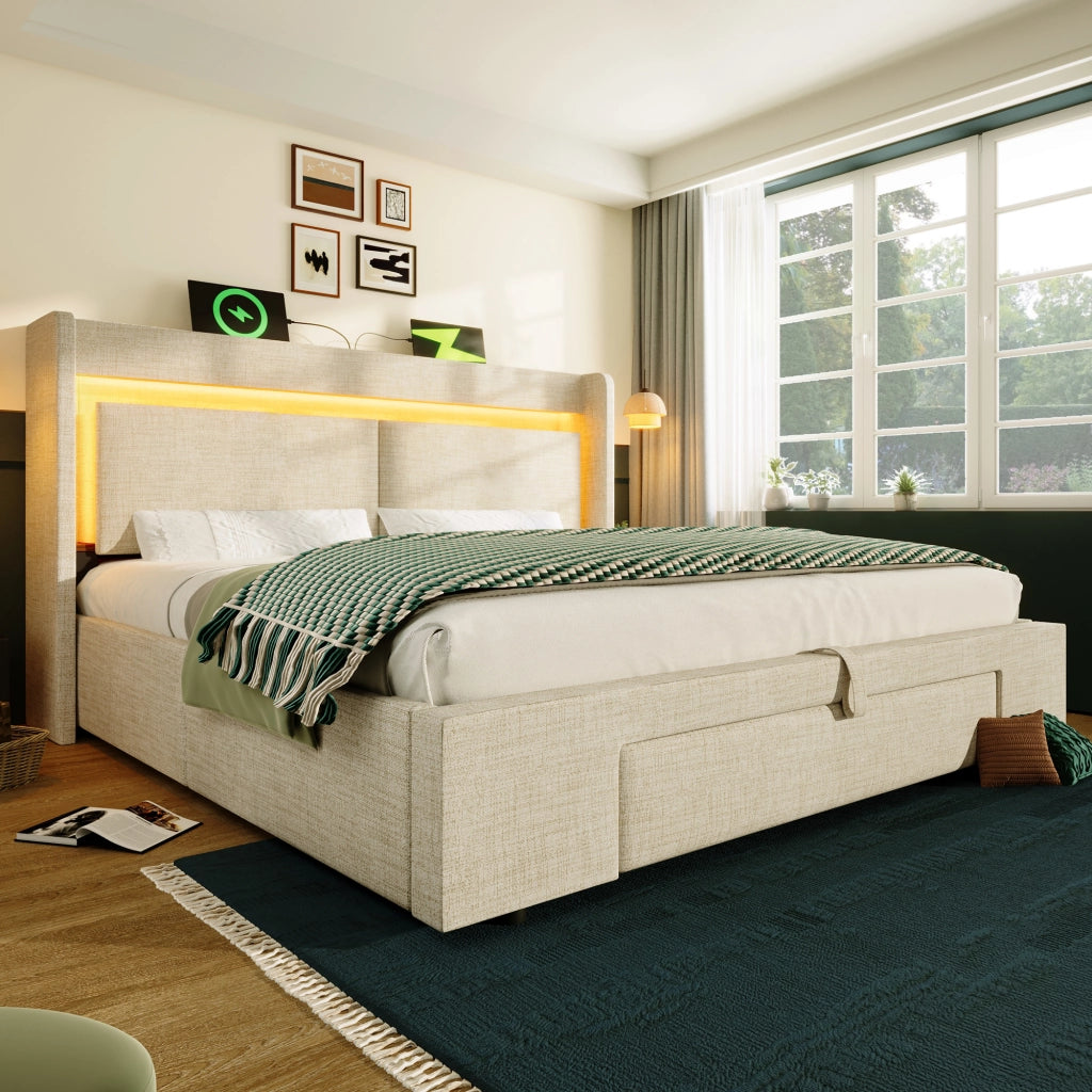 Letto contenitore 160x200 cm beige con materasso e LED