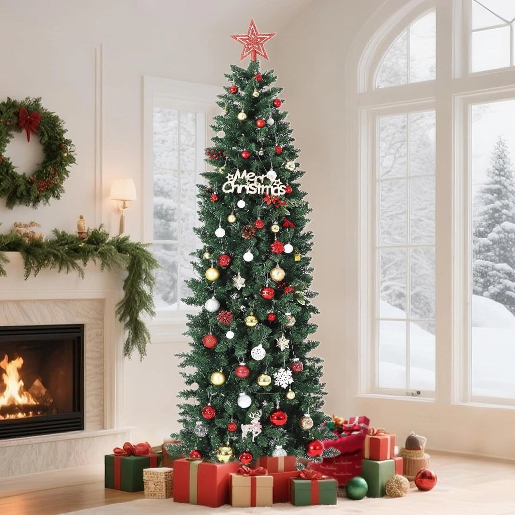 Albero di Natale Slim 180cm con 260 LED Multicolore 800 Rami Salvaspazio e Base Metallo