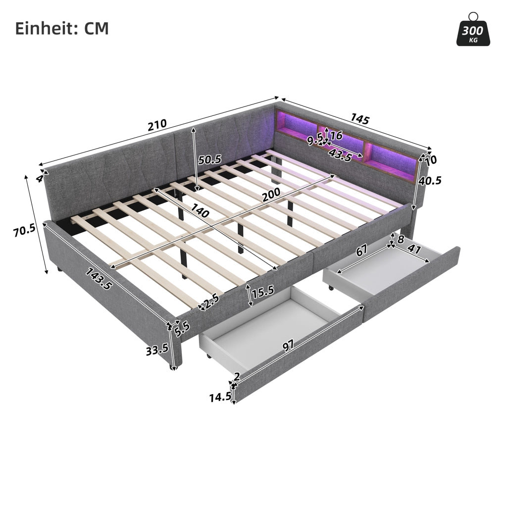 Struttura letto 140 × 200 cm in lino e MDF grigio con LED USB e type-c due cassetti vani e rete a doghe