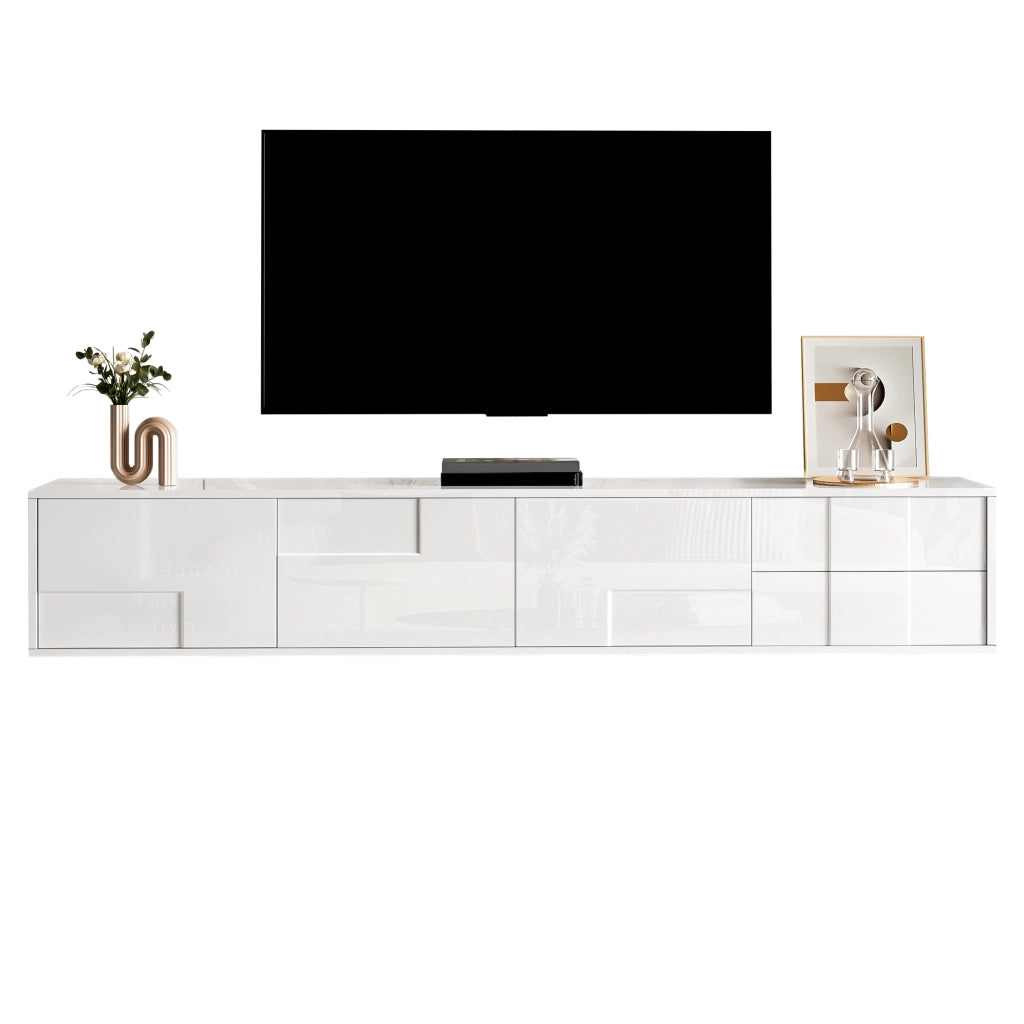 TV-Lowboard moderno bianco lucido 170 cm con 3 ante e 2 cassetti, montaggio a terra o sospeso, spazio contenitivo per soggiorno