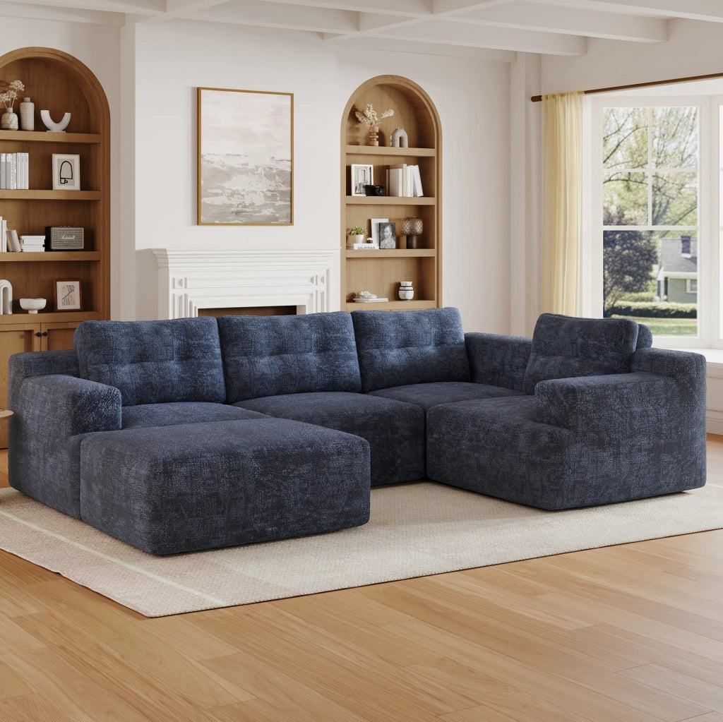 Divano modulare 252x180x82 cm in ciniglia blu, senza montaggio, salvaspazio
