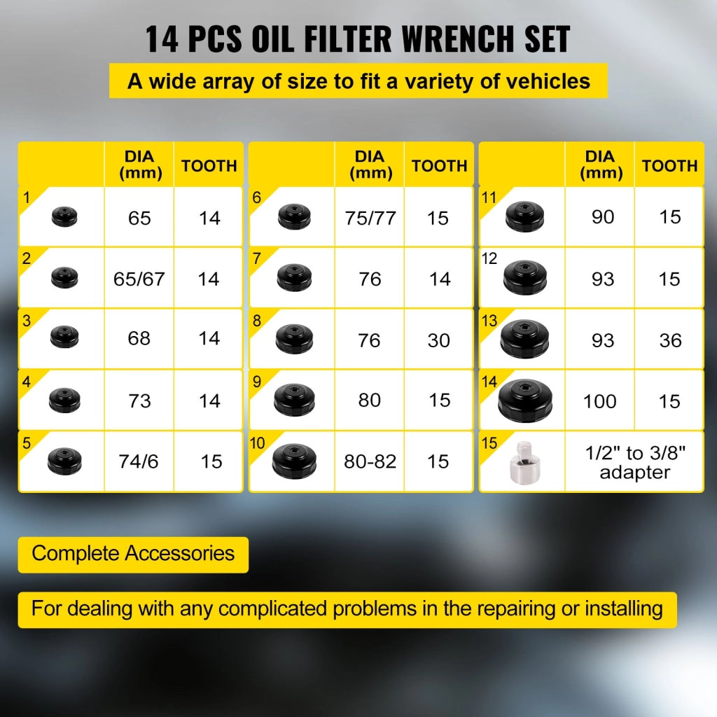 Set 14 Pezzi Bussole per Filtro Olio VV-OFSS-14 in Acciaio Attacco 3/8 Pollici con Custodia per Officina e Fai da Te