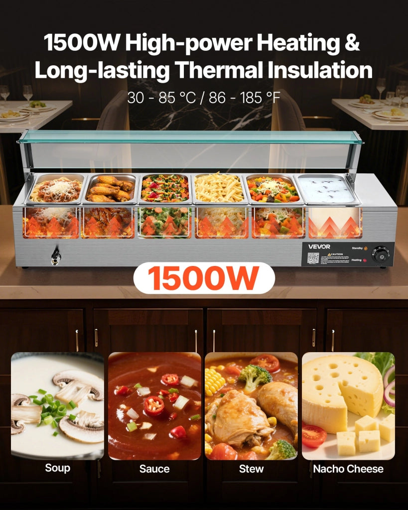Scaldavivande Elettrico 6 Teglie da 1/3 Acciaio Inox 1500 W Bagnomaria da Banco Robusto Coperchio in Vetro e Mestolo da Zuppa Forato per Ristoranti