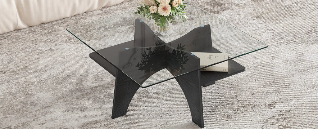 TAVOLINO Quadrato 80 cm Vetro di sicurezza MDF Nero