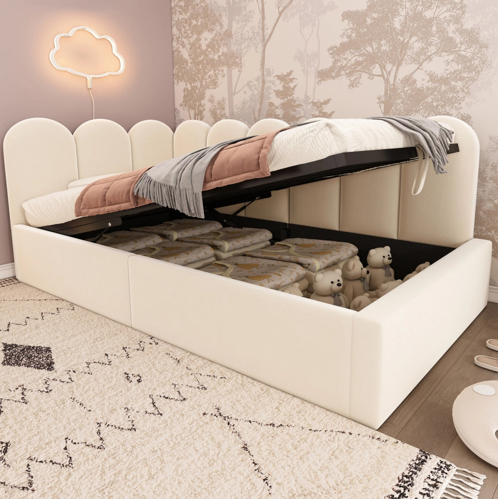 Letto Giorno Poltrona 90x190 cm in Velluto Beige con Contenitore Idraulico e Rete in Metallo per Bambini, Senza Materasso