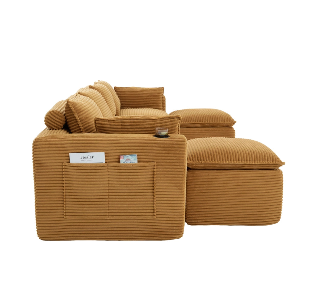 Divano modulare 4 posti con 2 pouf, tessuto a coste arancione, con portabicchieri e tasche laterali