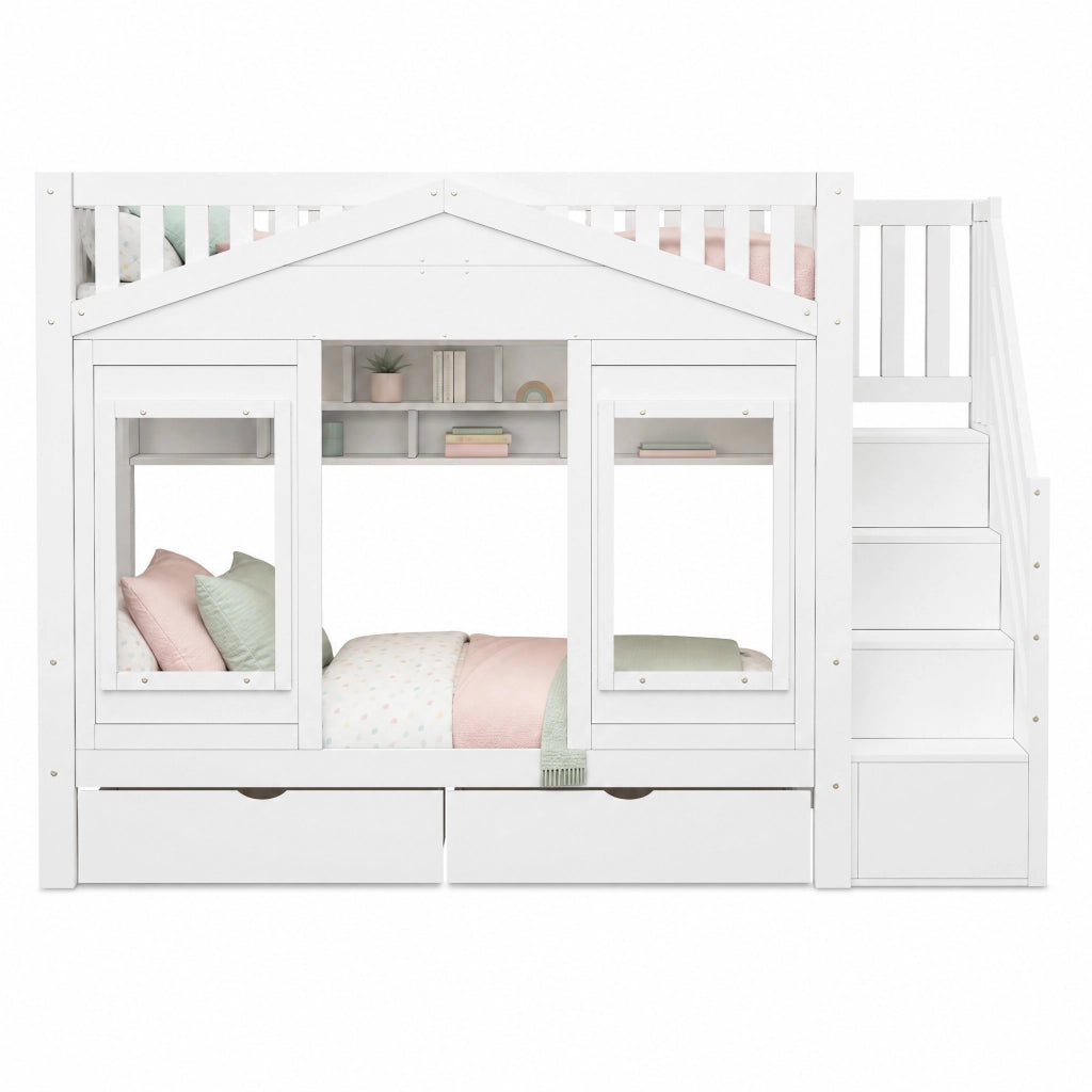 Letto a soppalco per bambini 90x200 cm con scala contenitore e cassetto in pino e MDF; bianco