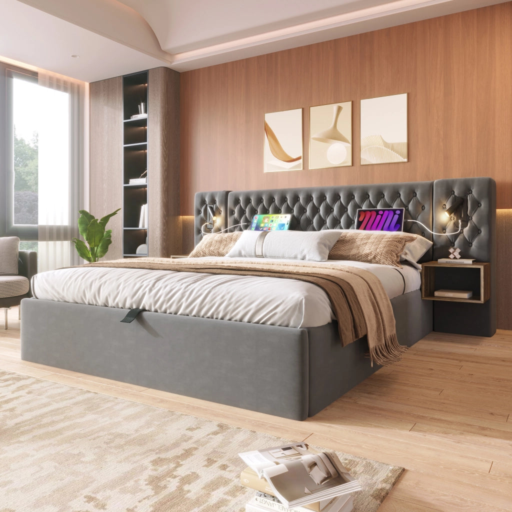 Letto matrimoniale contenitore grigio 160 × 200 cm con materasso
