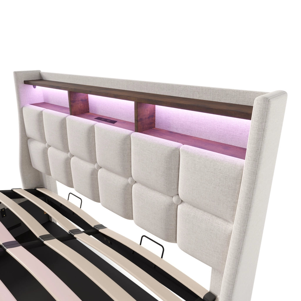 Letto imbottito 140x200 cm beige con LED, USB e contenitore