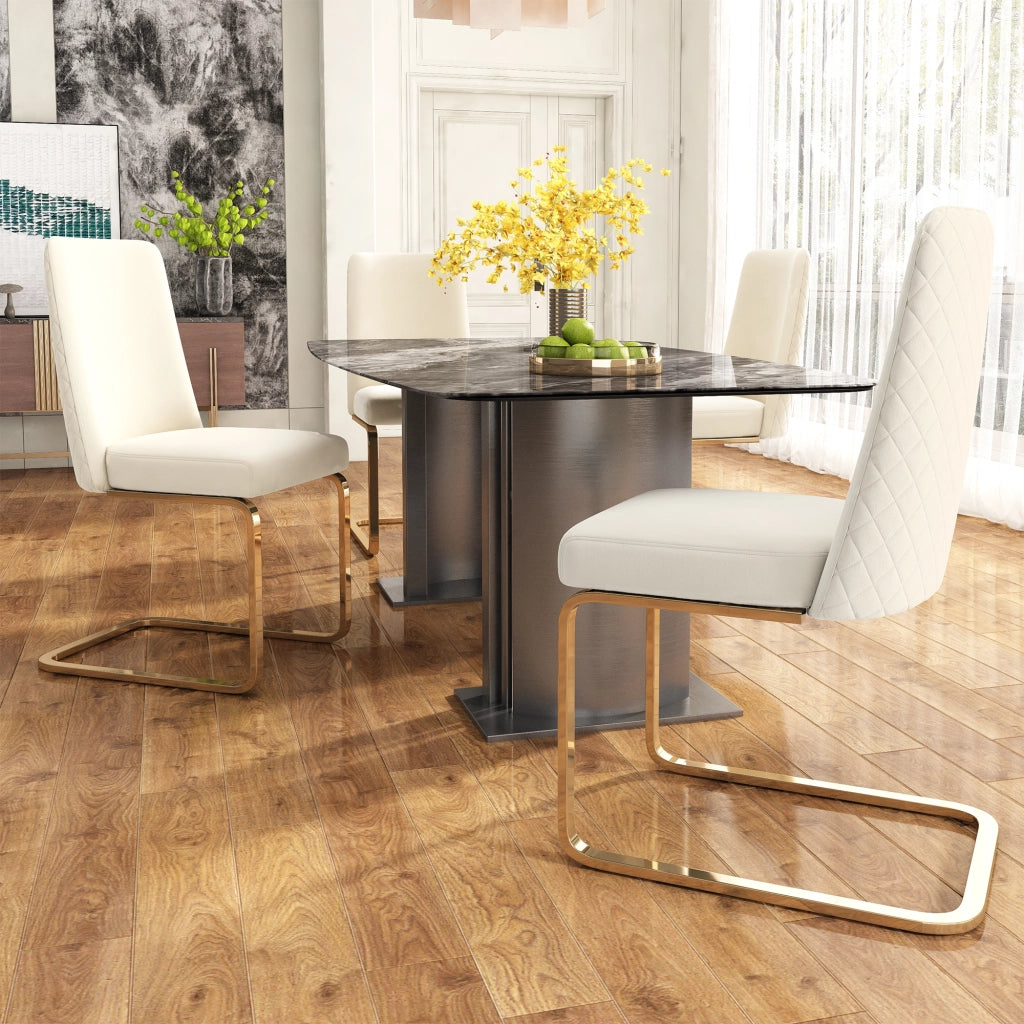 Set di 4 sedie da pranzo con schienale trapuntato e seduta imbottita in velluto beige con gambe in metallo