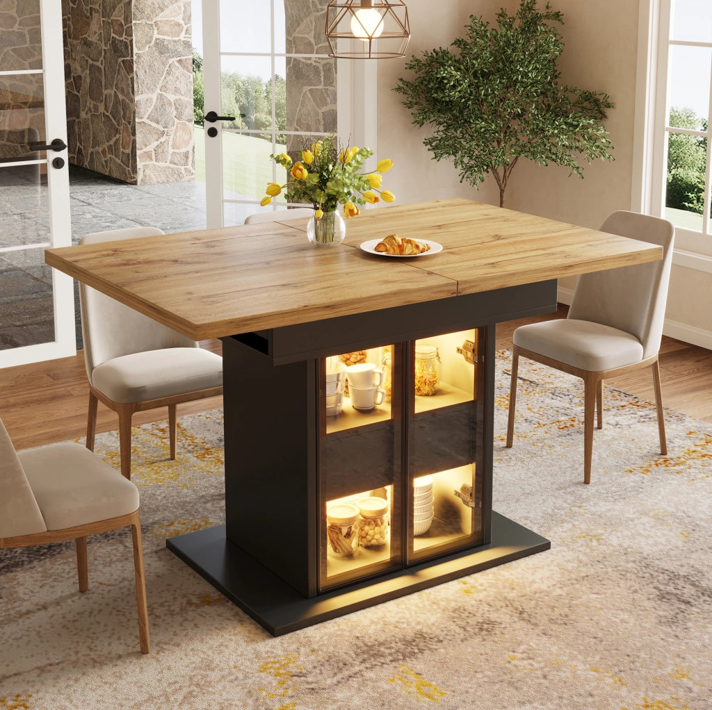 Tavolo da pranzo allungabile nero con LED RGB e contenitore