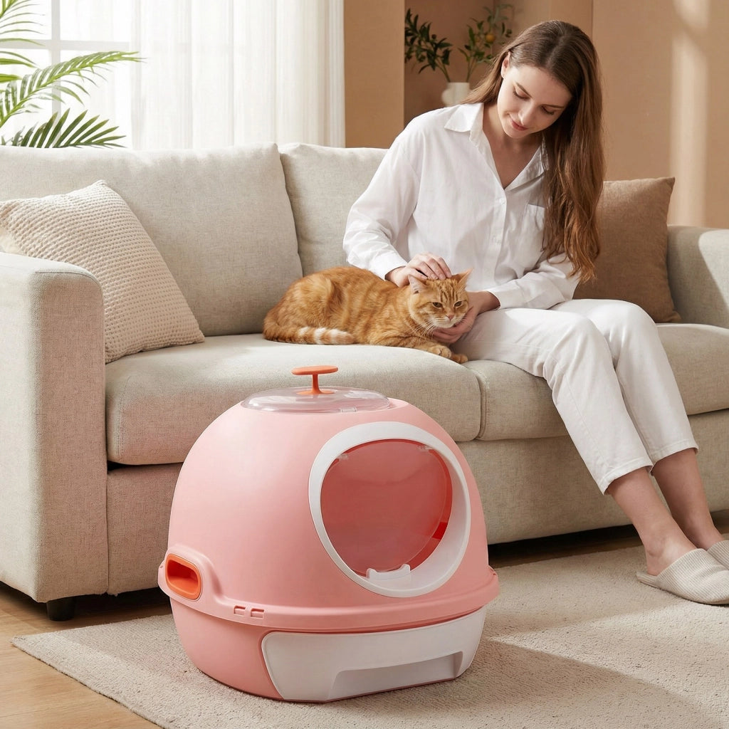 Lettiera per gatti con coperchio stile elicottero ingresso frontale uscita ribalta, Toilette per gattini cassetto portatile piccoli medi fino a 10 kg Rosa
