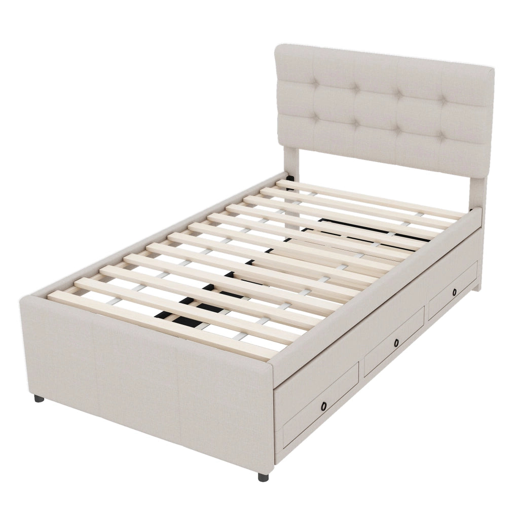 Letto Imbottito Estraibile con Testiera Regolabile e Cassetti ¨C MINIMAL ¨C Beige 90x200