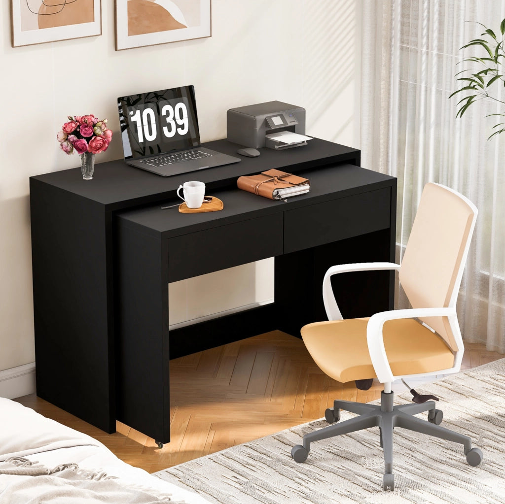 Scrivania pieghevole 2 in 1 nera con ruote e 2 cassetti