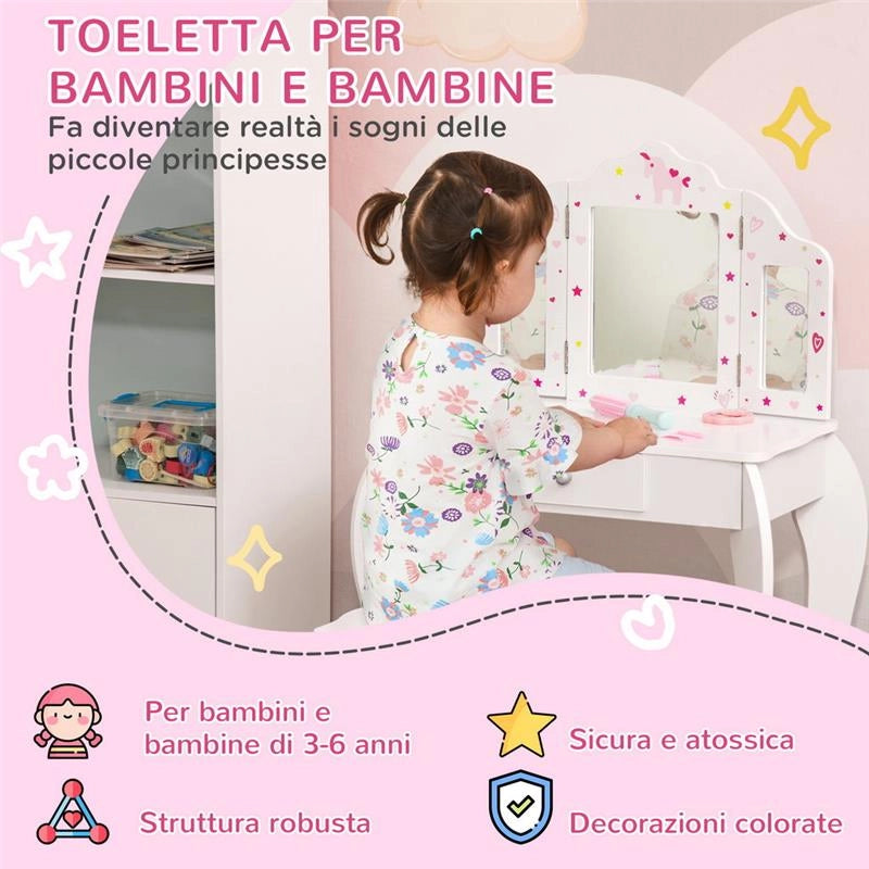 TOELETTA PER BAMBINI CON SGABELLO IN LEGNO, 3 SPECCHI E CASSETTO 63X40X85CM