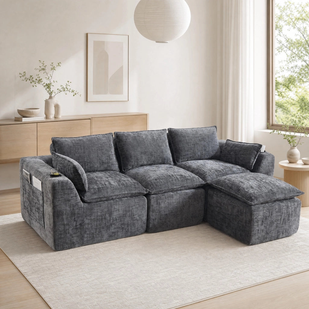 Divano modulare in ciniglia grigio scuro con tasche laterali cuscini e pouf 256 × 161 × 75 cm