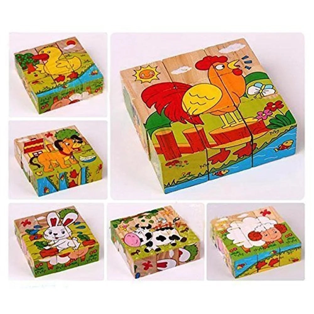 Trade Shop - Puzzle Rompicapo Cubi Legno Per Bambini Design Animali Fattoria Giocattoli Educativi 31586 -