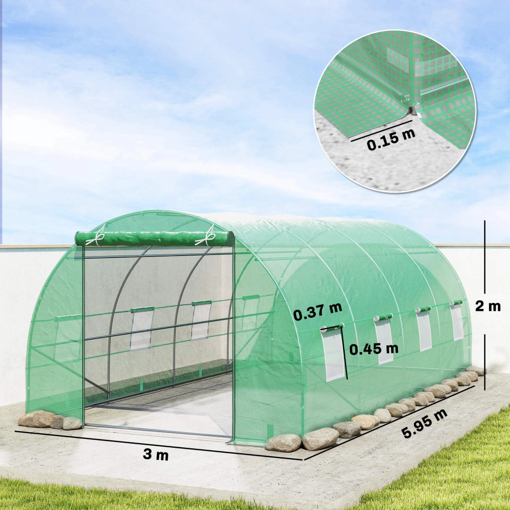 Serra per Orto a Tunnel con Porta Avvolgibile e 8 Finestre, Serra da Giardino con Copertura in PE e Struttura in Acciaio, 6x3x2 m, Verde