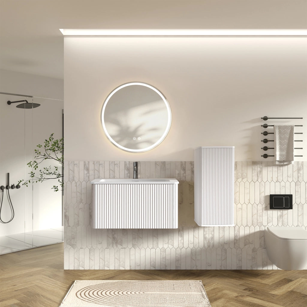 Set mobile bagno bianco con lavabo, specchio LED e colonna laterale