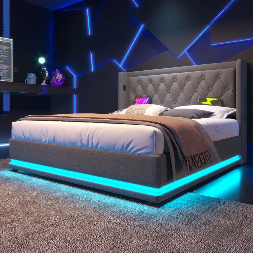 Letto matrimoniale contenitore 140 × 200 cm grigio in cotone con LED; USB e Type-C