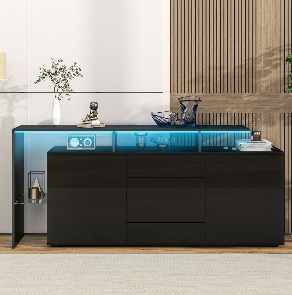 Sideboard 160x35x70 cm con LED e USB; 2 porte; 4 cassetti; nero