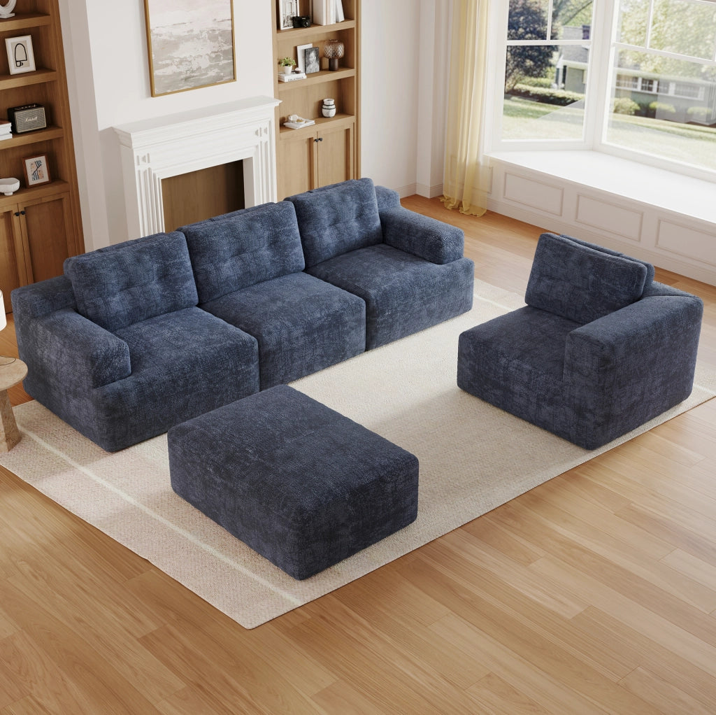 Divano modulare 252x180x82 cm in ciniglia blu, senza montaggio, salvaspazio