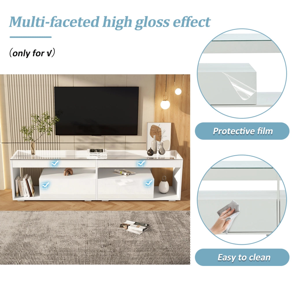 Mobile TV con LED ¨C Minimal ¨C Bianco lucido, 2 cassetti, adatto per TV fino a 70 pollici, per soggiorno e camera