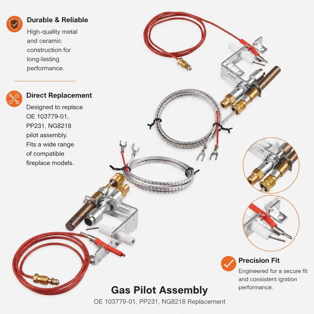Natural Gas Pilot Burner Assembly, OE 103779-01, PP231, NG8218 Chimney Natural Gas Igniter Replacement, Compatible With Models CIVF-25, CIVF-25CF, VFH-33M, VFH-33R, VFH-33T, VFHS-20R, VFSR-16, VFSR-18