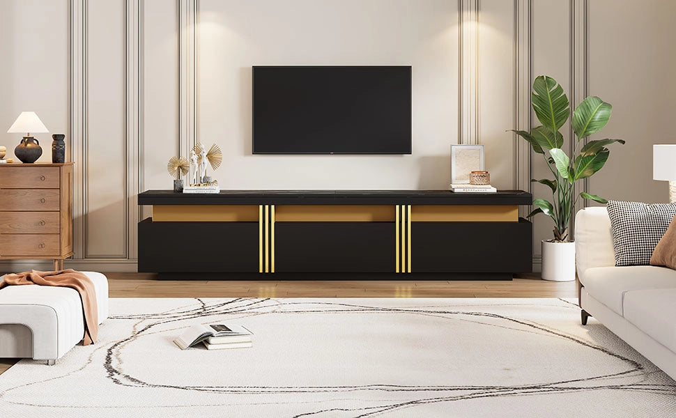 Mobile TV moderno con finitura marmo, 200x40x42 cm, per TV fino a 90 pollici, 3 cassetti e gestione cavi