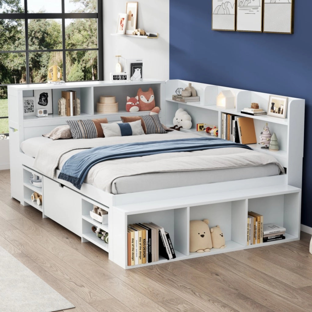 LETTO multifunzionale 140x200 cm bianco con cassetti e vani contenitore