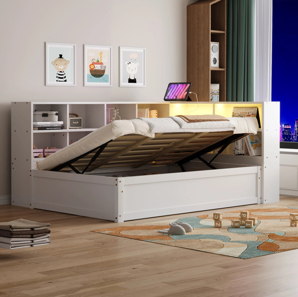 Letto Salvaspazio Multifunzionale 90x200 cm in Legno Massello con Illuminazione LED e Prese Multiple, Bianco