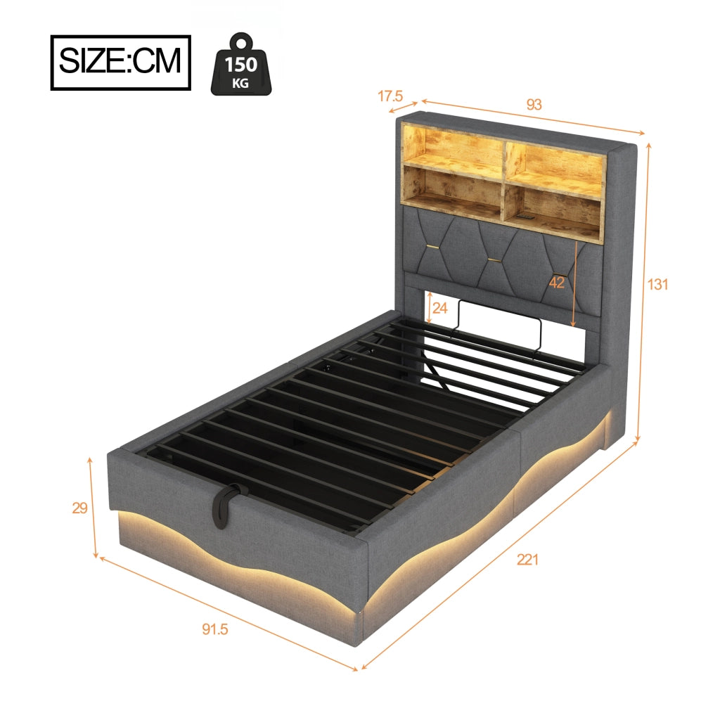 Letto per bambini multifunzione 90 × 200 cm con contenitore LED USB struttura in metallo rivestito in lino grigio