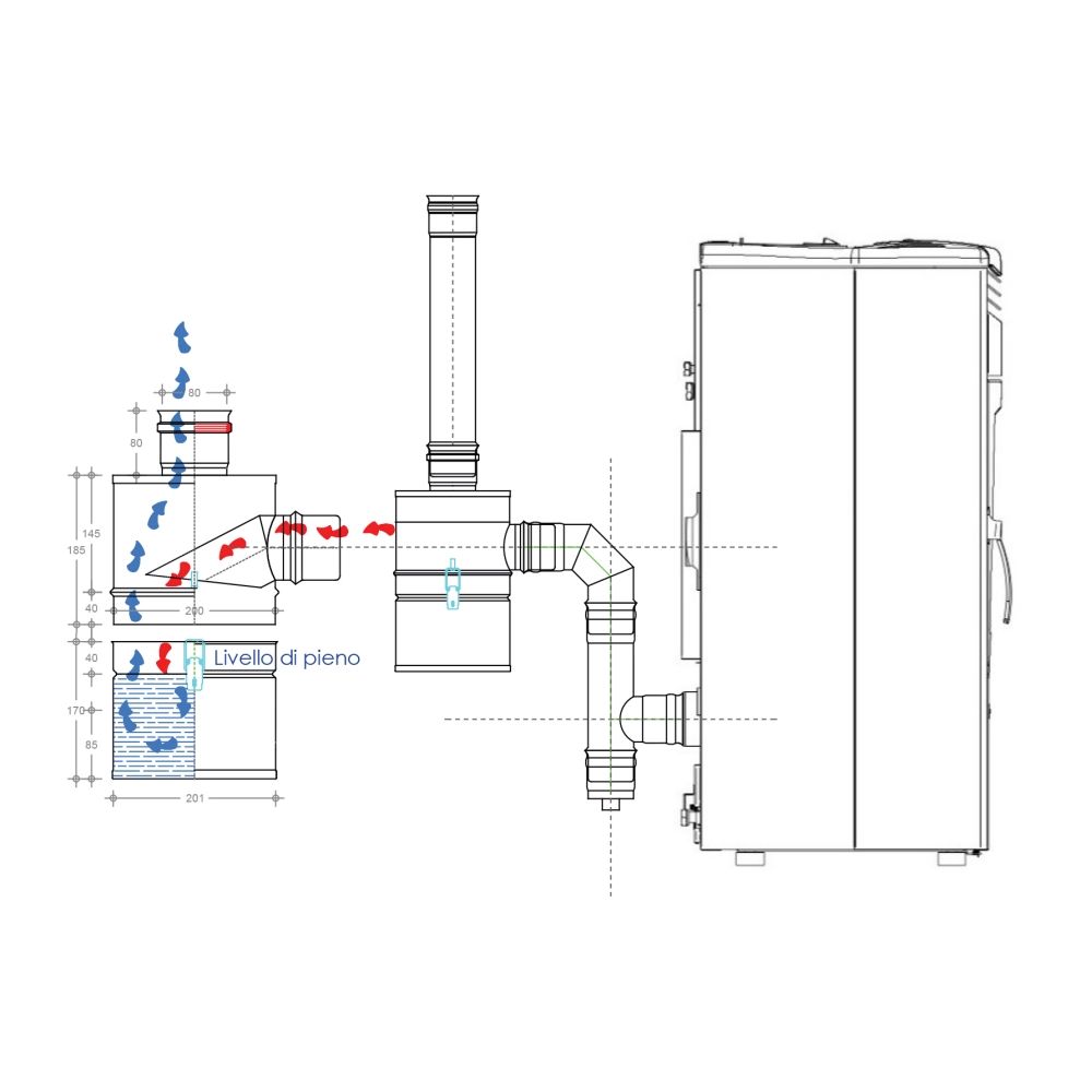 Abbattitore inox da 100mm per la fuliggine di stufe e caldaie a pellet