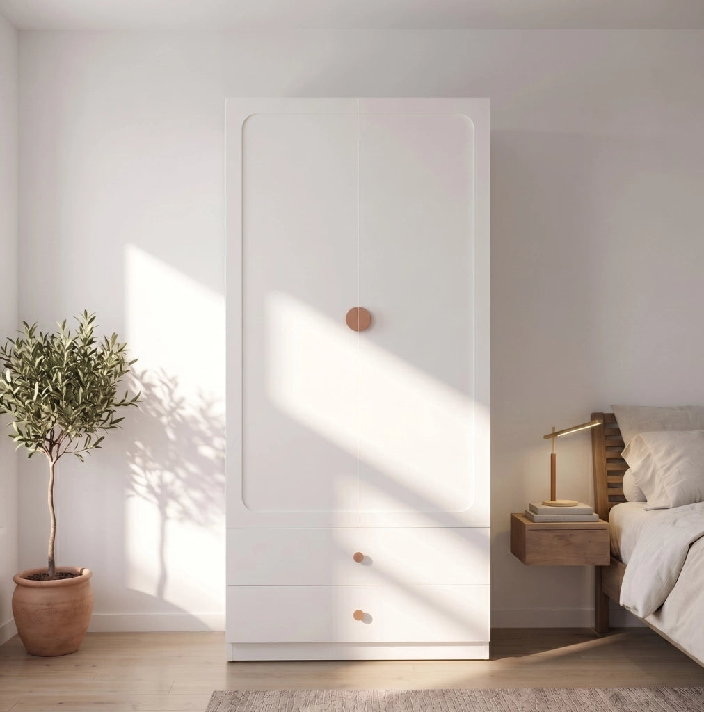 Armadio 2 ante 90x45x200 cm bianco con 2 cassetti e asta appendiabiti HAVRYA