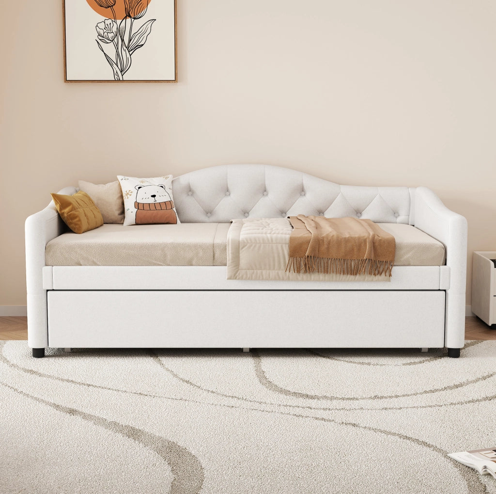 Divano letto 90x200 cm con letto estraibile in lino e MDF beige