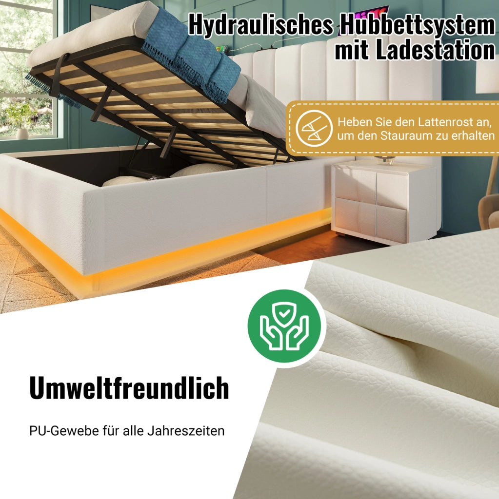 Letto contenitore 160 × 200 cm con LED; app; telecomando e 3 USB + Type-C; PU bianco