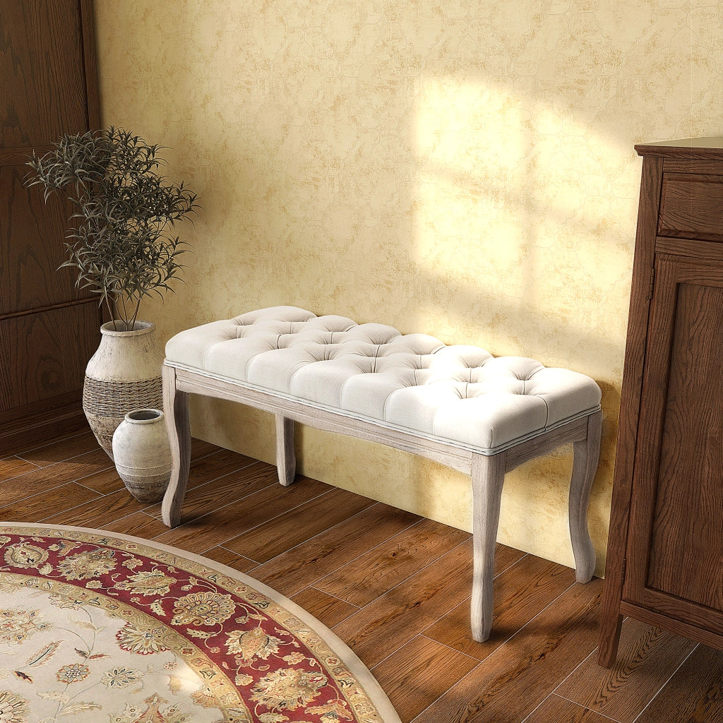 Panca Fondoletto Vintage con Seduta Imbottita in Tessuto e Gambe in Legno, 110x40x48cm, Beige
