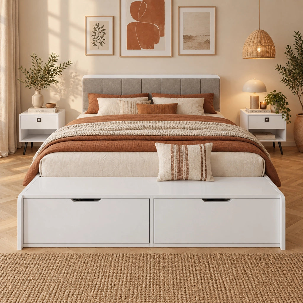 Letto Matrimoniale 140x200 cm LEMONMAX con Testiera Imbottita, Panca al Piede, 2 Cassetti, Ampio Contenimento, Struttura Salvaspazio