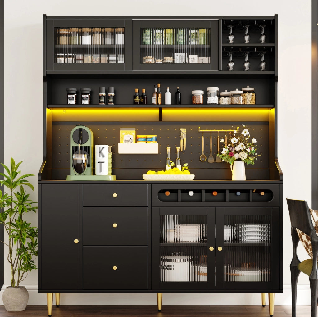 Mobile alto cucina con LED app, portabottiglie e ante in vetro