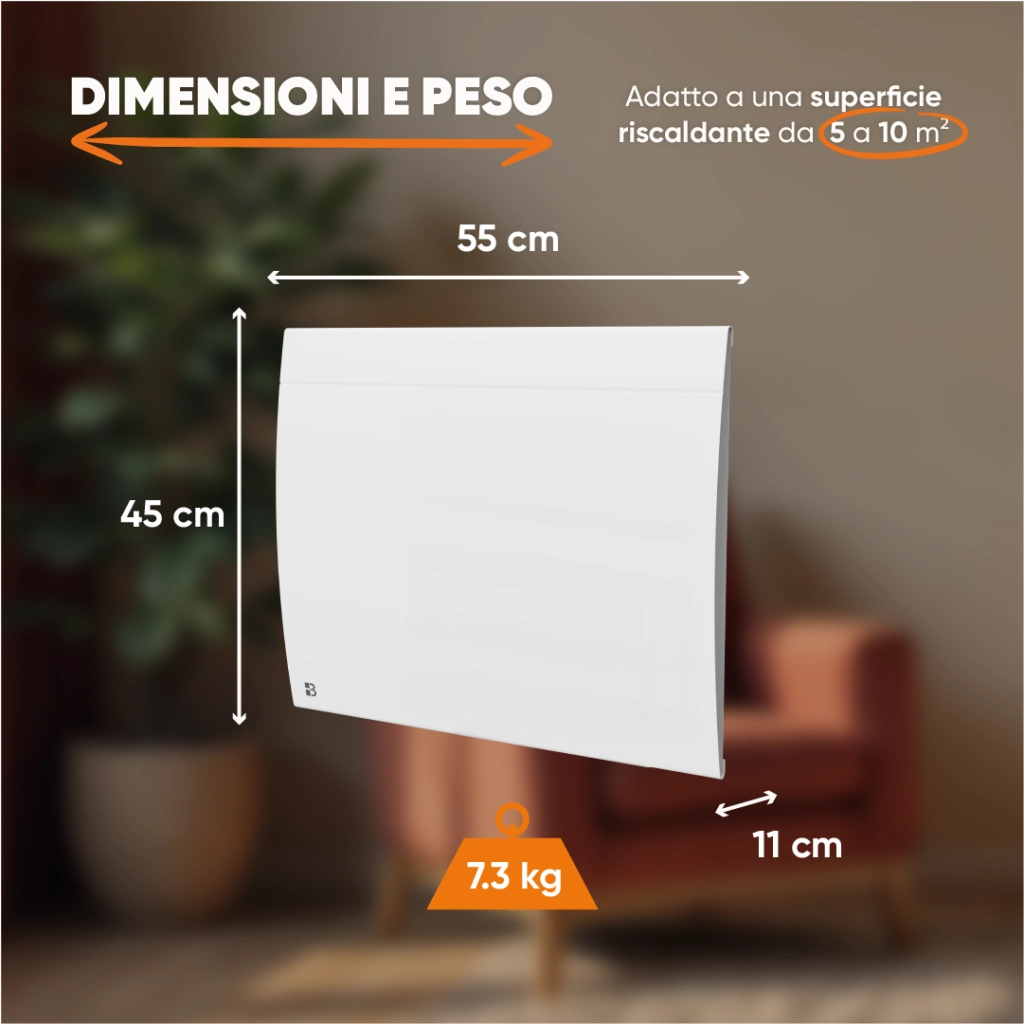 Radiatore elettrico fisso connesso WIFI con inerzia ceramica a secco 1000W ILLO CONNECT orizzontale bianco